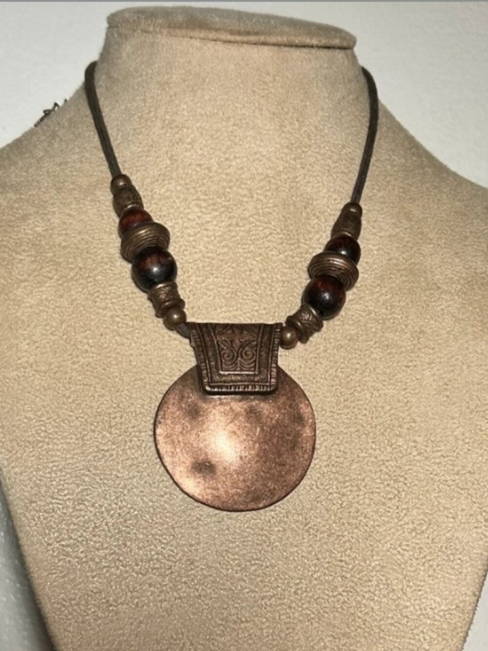 VCLM Vintage Boho Copper & Wood Bead Statement Pendant Necklace